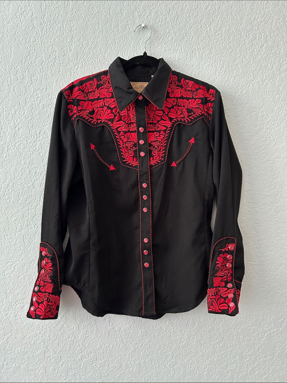 Scully Black Western Button-Down Shirt with Red Floral Embroidery